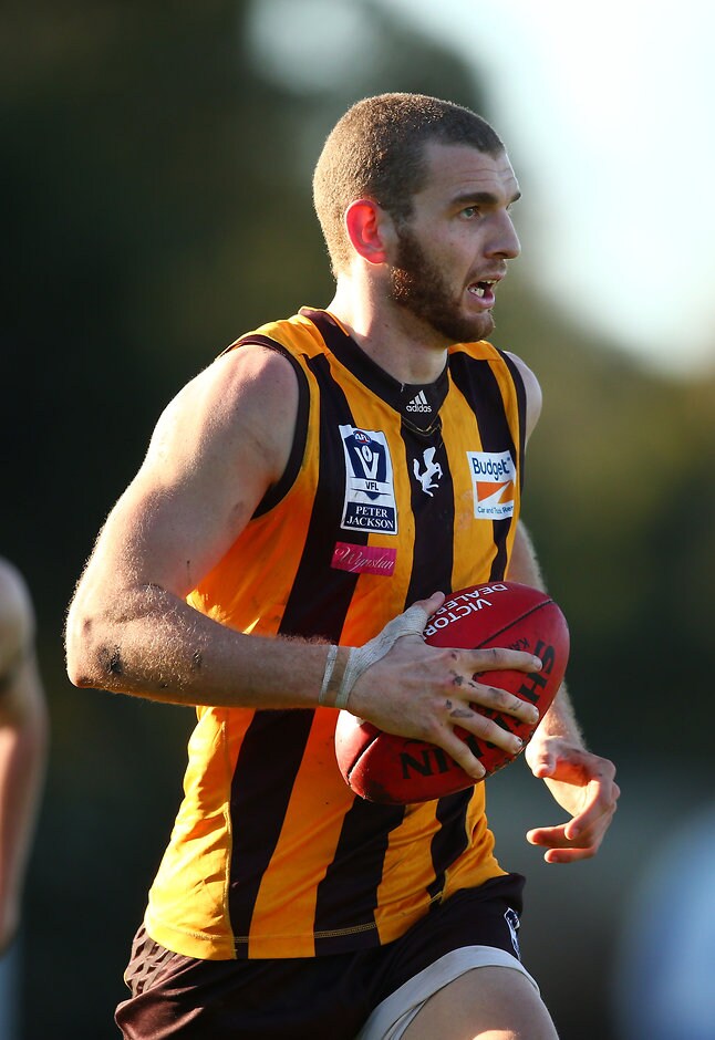 VFL 2016 Rd 14 - Box Hill Hawks v Williamstown MELBOURNE, AUSTRALIA - JULY 9: Kurt Heatherley of Box Hill runs with the ball during the round fourteen VFL match between Box Hill Hawks and Williamstown at Box Hill City Oval on July 9, 2016 in Melbourne, Australia. (Photo by Scott Barbour/AFL Media)